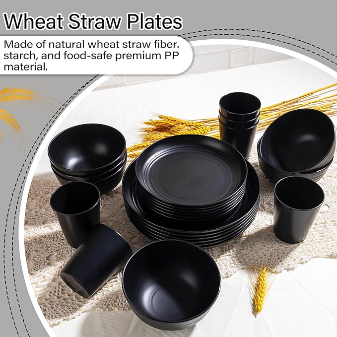 LIYH 24 Pcs Wheat Straw Dinnerware Sets Unbreakable Dinner Plates and Bowls Set Black Plastic Dinnerware Set Include 12Pcs Wheat Straw Plates 6Pcs Bowls 6Pcs Cups Dish Set for Kitchen&Camping