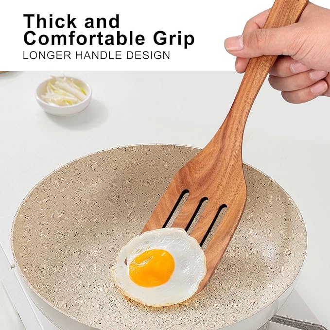 6 Pack Teak Wooden Spoons for Cooking Utensil Set Best Wood Non Toxic Spatula Slotted Turner Nonstick Bamboo Kitchen Utensils Serving Scraper Spurtle Stirrer Cooking Spoon Flat Egg Flipper Spatulas