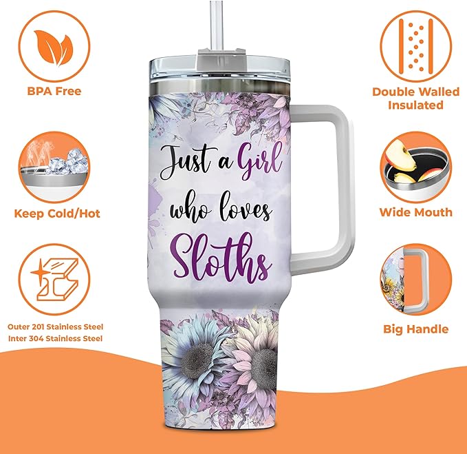 Personalized Sloth 40oz Tumbler with Handle and Straw Gifts for Sloth Lover, Cute Animal Gifts for Women on Birthday Christmas, Animal Lover Cup Gift, Custom Name Stainless Steel Travel Cup