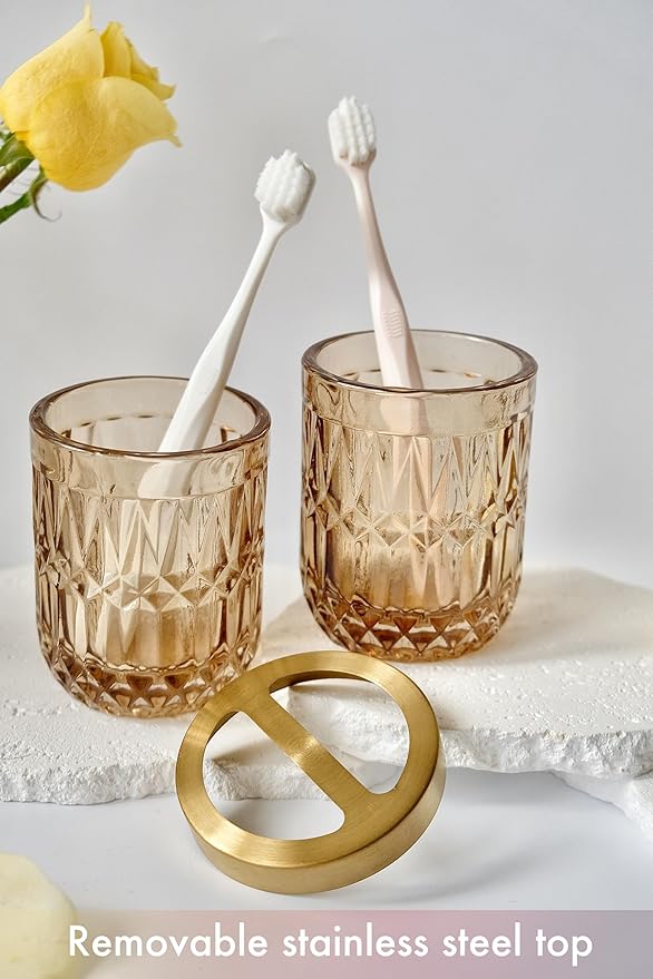 Brown Bathroom Accessories Set, 5Pcs Clear Glass Bathroom Accessories, Lotion Soap Dispenser, Toothbrush Holder Set, Soap Dish, Qtip Holder, Tumbler for Vintage Bathroom Decor, Gift Set