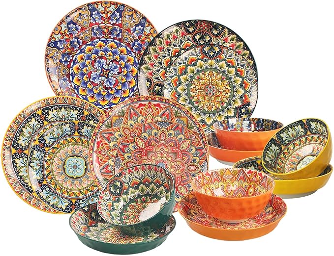 Mandala Dinnerware Sets (16 PCS) Serves for 4, Porcelain Dishes Set, Microwave and Dishwasher Safe, Scratch Resistant, Bohemian Style Dining Ware Service for 4, Colorful No.2