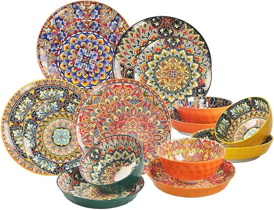 Mandala Dinnerware Sets (16 PCS) Serves for 4, Porcelain Dishes Set, Microwave and Dishwasher Safe, Scratch Resistant, Bohemian Style Dining Ware Service for 4, Colorful No.2