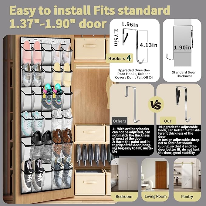 PAULONE Over the Door Shoe Organizer, 30 Multi-Size Large Breathable Mesh Pockets, Reusable Breathable Large Mesh Pockets, Boys' and Girls' Shoe Organizer, Space Saving Hanging Organizer (White)