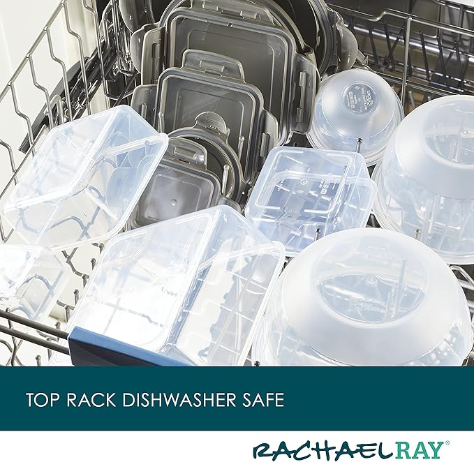 Rachael Ray Leak-Proof Nestable Container Food Storage Bin Set, 10-Piece Square, Gray Lid