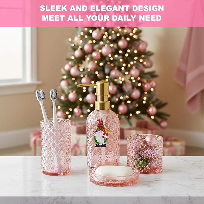 Pink Bathroom Accessories Set, 4Pcs Clear Glass Bathroom Sets Accessories, Lotion Soap Dispenser, Toothbrush Holder Set, Soap Dish, Qtip Holder for Vintage Christmas Bath Decor, Gift Set