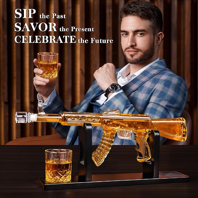 Whiskey Decanter AK47 Set with 2 Whiskey Glasses, Gifts for Men Dad Stocking Stuffers, Unique Christmas Anniversary Birthday Gift for Him Husband, Cool Presents liquor dispenser for Home Bar
