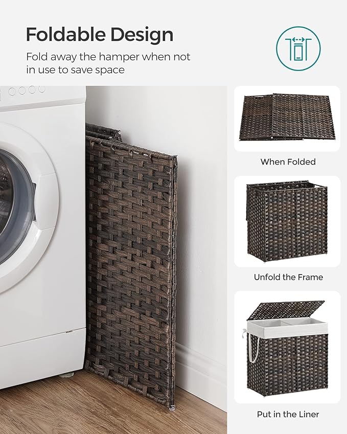 SONGMICS Laundry Hamper with Lid, 130L Clothes Hamper with 2 Removable Liner Bags and 6 Mesh Bags, Wicker Laundry Basket, Double Laundry Hamper for Bathroom, 13 x 26 x 23.6 Inches, Brown ULCB253K01
