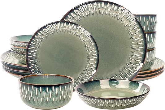 Dinnerware Sets 16 Pieces - Round Reactive Glaze Tableware - Kitchen Dinnerware Porcelain Crockery with Dinner Plate, Bowl and Soup Plate Service for 4, Microwave Dishwasher Safe, Set No.1