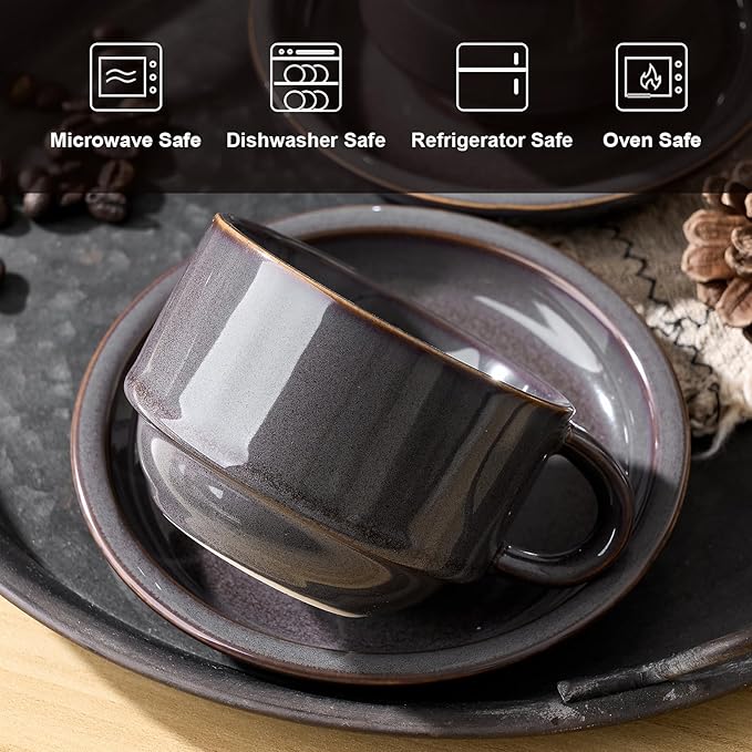 JIEMEI HOME Porcelain Stackable Cappuccino Cups with Saucers and Metal Stand, 7 Ounce Espresso Cups for Latte Coffee Cafe, Specialty Coffee Drinks, Cappuccino and Tea - Set of 4, Purple-Gray