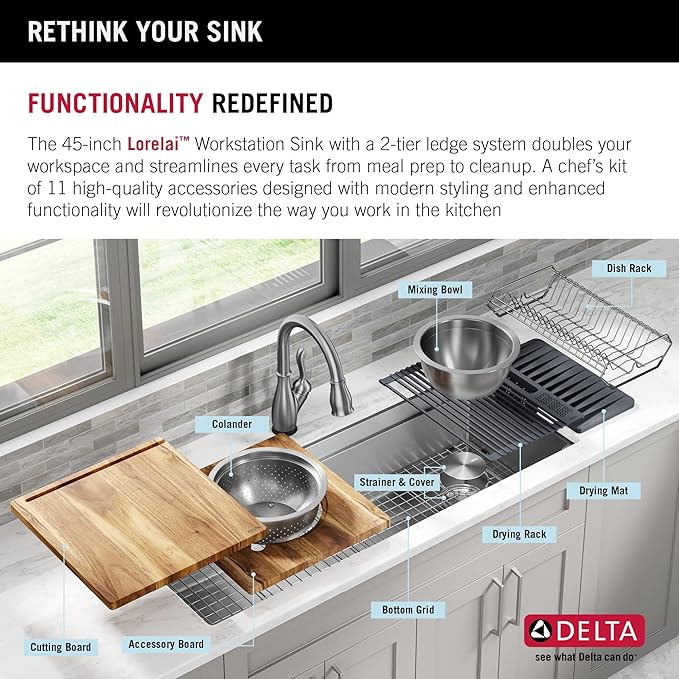 DELTA FAUCET Lorelai 45-inch Workstation Kitchen Sink Undermount 16 Gauge Stainless Steel Single Bowl with 2-Tier WorkFlow Ledge and Chef’s Kit of 11 Accessories, 95BA132-45S-SS