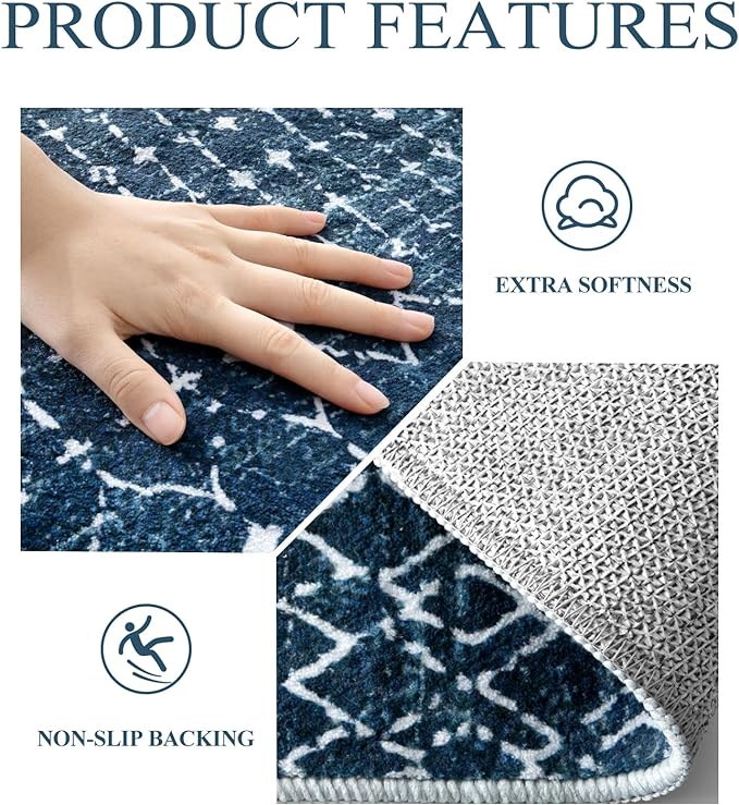 Lahome Moroccan Indoor Rugs for Entryway - 2x3 Area Rug Non-Slip Backing Washable Inside Door Mats Low-Profile Throw Soft Rugs for Bathroom, Geometric Print Distressed Blue Rug for Kitchen Bedside