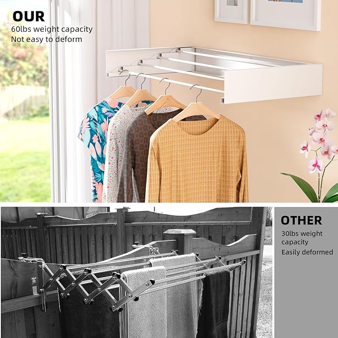 Laundry Drying Rack Collapsible, Wall Mounted Clothes, Retractable Wall Drying Rack, 24" Wide, 4 Aluminum Rods, Max 60 lb Capacity (White, 23.6'')