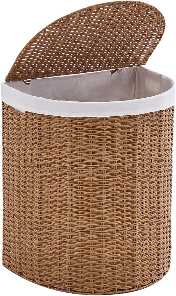 Wicker Half Moon Laundry Basket with Lid and 2 Replaceable Liner Bags, Handwoven Rattan Hamper for Dirty Clothes, Rattan, 120L