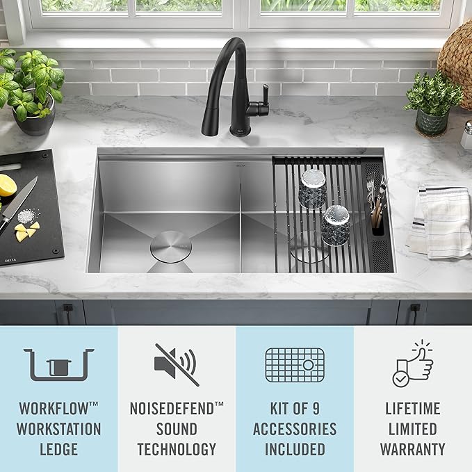 DELTA FAUCET Rivet 33-Inch Workstation Kitchen Sink Undermount 16 Gauge Stainless Steel 50/50 Double Bowl with WorkFlow Ledge and Chef’s Kit of 9 Accessories, 95B931-33D-SS