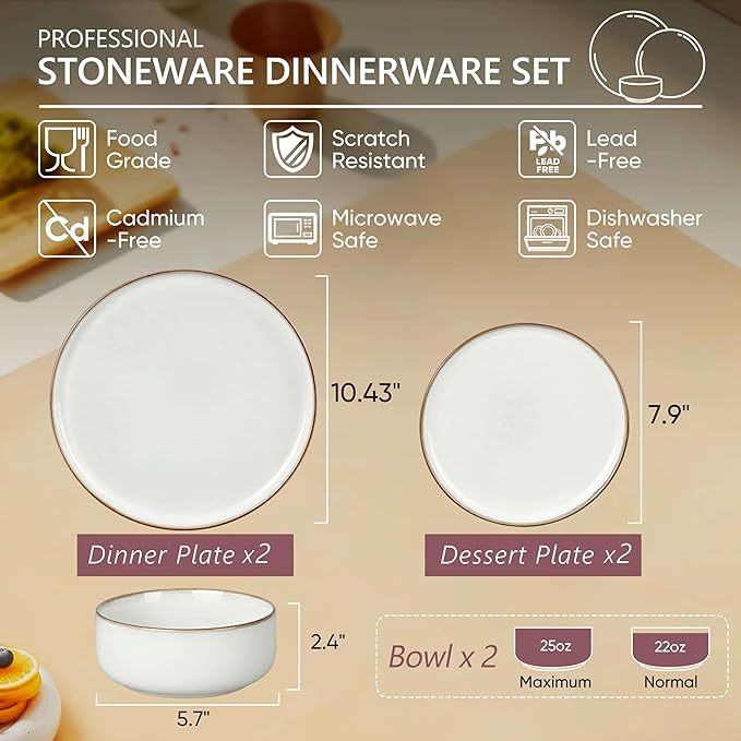 Herogo 6 Pieces Stoneware Dinnerware Dishes Sets for 2, Kitchen Handmade Dining Plates and Bowls Sets, Double Reactive Glaze, Microwave & Dishwasher Safe, Scratch Resistant, Ivory White