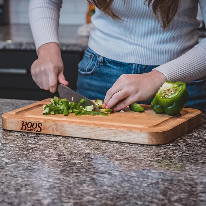 John Boos Prestige Series Rectangular Wooden Maple Cutting Board 20”x15” – 1.25” Thick, 10-lb Reversible Butcher Block with Juice Groove, Edge-Grain & Finger Grip Hole – Made in the USA
