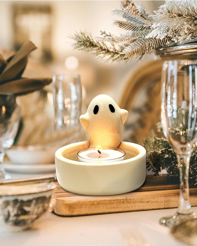 Ghost Candle Holder with Tea Light Candle, Cute Ceramic Ghost Tea Light Candle Holders, Handmade Candlestick, Halloween Decor, Gift for Girls Lovers Women, Scented Candle Included