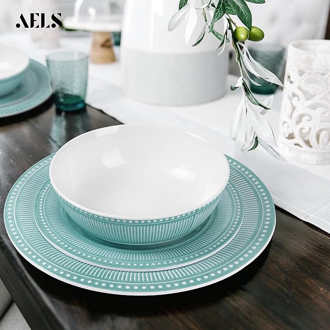 AELS Melamine Dinnerware Set of 12 Pcs, Dinner Dishes Set for Indoor and Outdoor Use, Melamine Plates and Bowls Set for 4, Dishwasher Safe, Lightweight Unbreakable, BPA Free, Green