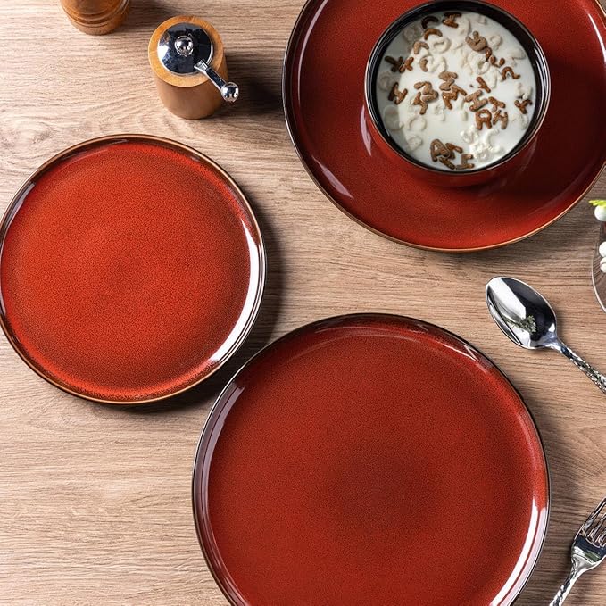 LeRatio Ceramic Dinnerware Sets for 4,Porcelain Plates and Bowls Sets,Handmade Reactive Glaze Dishes Set,Chip Resistant and Scratch Resistant | Oven&Dishwasher & Microwave Safe,Service for 4-Red