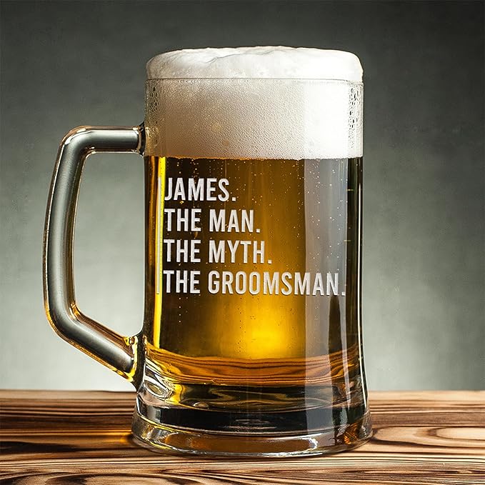 Groomsmen Gifts - Personalized Beer Mugs - Groomsmen Proposal Gift Idea - Customized Gift for Groom, Best Man, Groomsman - Custom Engraved Beer Mugs for Grooms Men - Groomsmen Beer Glasses (Design F)