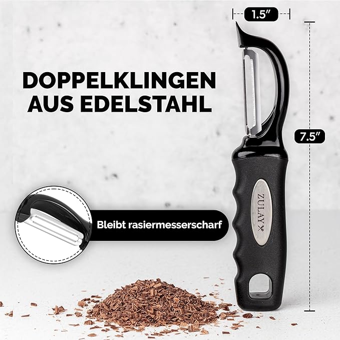Zulay Kitchen Premium Vegetable Peeler for Kitchen - Swivel Peeler with Razor Sharp Stainless Steel Blades & Strong Ergonomic Handle - Dishwasher Safe, Easy To Use with Blemish Remover - Black