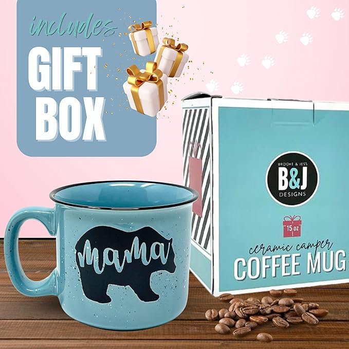 Mama Bear Ceramic Coffee Mug for Mom, Wife, Women – Unique Teal Ceramic Mug – Fun Gifts for Her on Mother’s Day, Birthday, or Christmas – Cute Coffee Cup for Moms, Wives, and Coffee-Loving Women