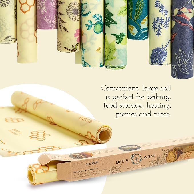 Bee's Wrap Vegan Beeswax Wraps for Food - Cut to Size 14x52" Wax Paper Roll, Made in USA Reusable Waxed Paper & Bowl Covers, Organic Eco-Friendly Alternative to Aluminum Foil, Meadow Magic