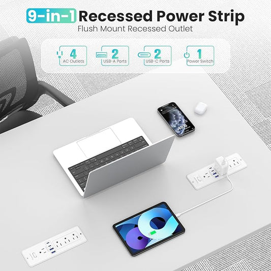 65W GaN USB C Recessed Power Strip, 4 AC Outlets & 2 USB-C PD + 2 USB-A QC, Flush Mount Hidden Charger Station for Desk Drawer Home Office Furniture