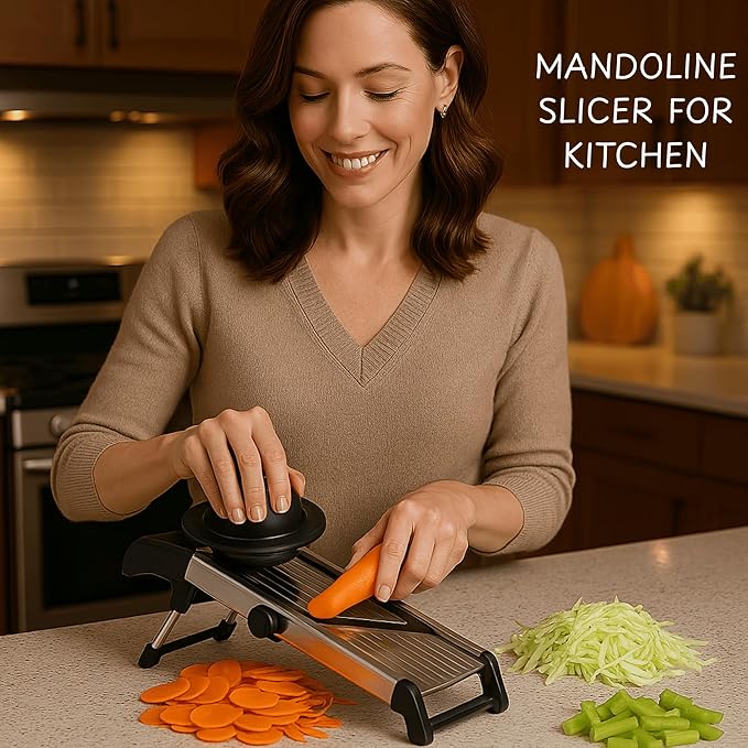 Mandoline Slicer for Kitchen, Adjustable Stainless Steel Vegetable Chopper & Food Slicer for Potato, Onion, Tomato, Cucumber & Fruit, Includes Julienne Blades & Cut-Resistant Gloves