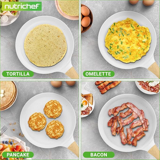 Nutrichef 2-Pack Non-Stick Crepe Pan Set, 9.4" Marble Coated Dosa Pans with Wooden Spreaders, Bakelite and Wood Handles, Induction-Compatible, Dishwasher Safe, Even Heat Distribution, White Cream