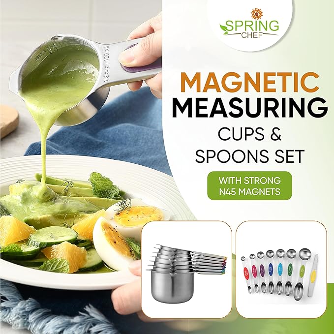 Spring Chef Magnetic Measuring Cups & Spoons Set, Patented, Strong N45 Magnets, Heavy Duty Stainless Steel Fits in Spice Jars for Baking & Cooking, BPA Free, Set of 15 with Leveler, Multicolor
