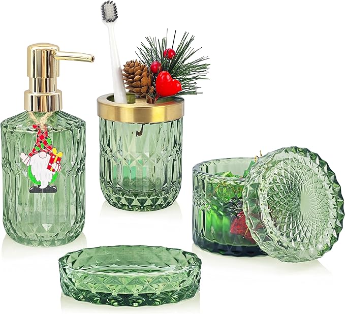 4pcs Glass Bathroom Accessories Set, Clear Green Bathroom Sets, Soap Dispenser, Toothbrush Holder, Soap Dish, Qtips Holder Set for Crystal Vintage Bathroom Decor, Gift Set (Green)