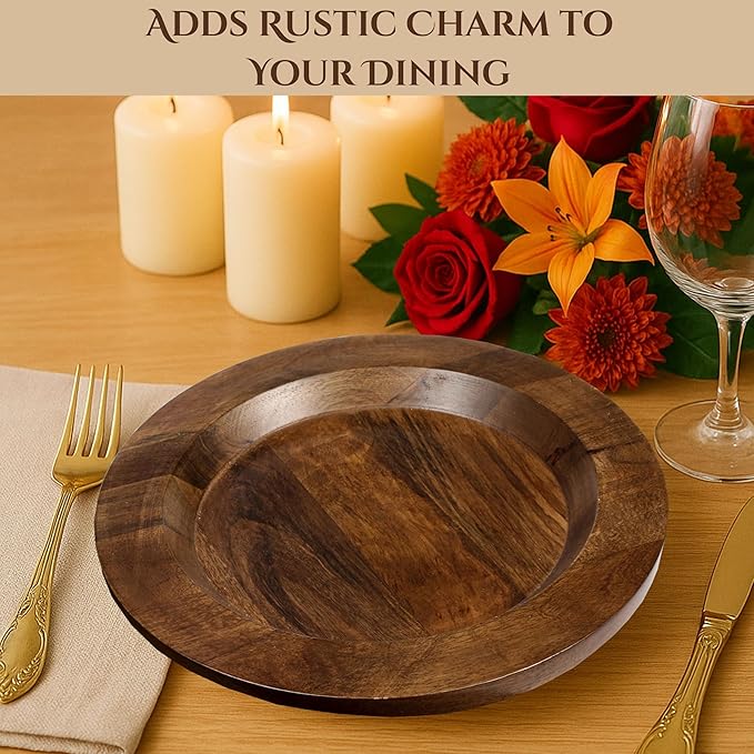 CLEENTABLE Wooden Dinner Plates Set of 2-13" Serving Dinner Plate Chargers for Weddings, Parties, Rustic Table Decor, Indoor Outdoor Dining - Lightweight Round Appetizer Plates (Walnut)
