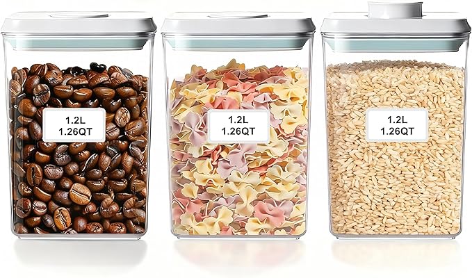 Airtight Food Storage Containers with Lids Pop Up Containers Pasta Organizer for Kitchen Pantry Cereal Snack Flour Sugar Coffee (3pc 1200ml / 1.26qt)
