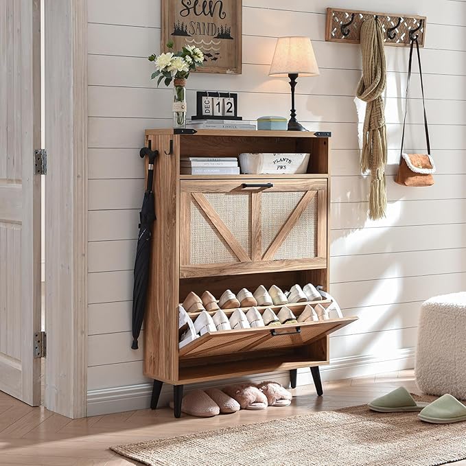 Shoe Storage Cabinet, Boho Rattan Shoe Organizer with 2 Flip Drawers,Farmhouse Freestanding Hidden Slim Narrow Shoe Rack Cabinet with Open Shelves for Entryway, Foyer,Hallway, Natural