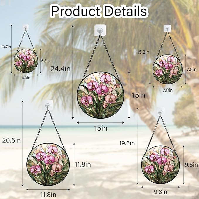 Stained Glass Window Hanging - Pink Phalaenopsis Orchid Green Leaves Sun Catcher for Door Home Decor Flower Suncatcher Christmas Mother's Day Birthday Gifts for Women Men Mom Nana 11.8 in