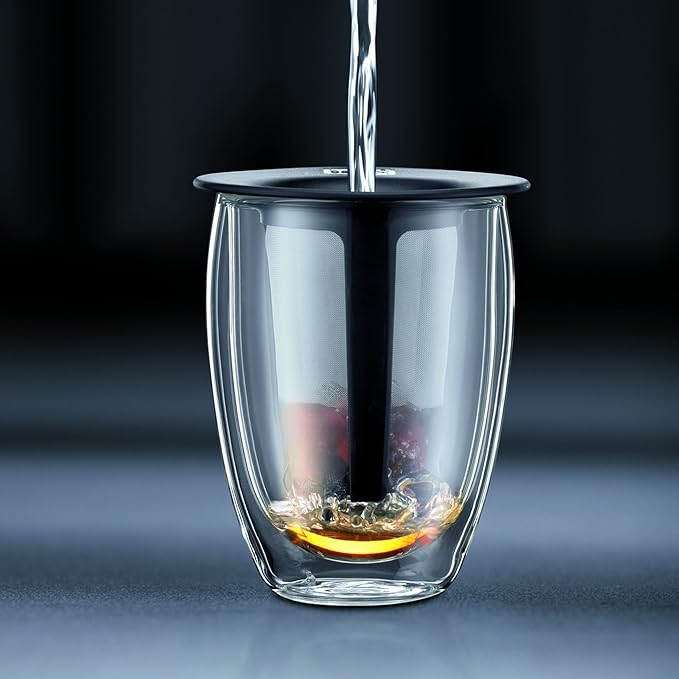 Bodum 12oz Tea Strainer w/Lid, Double Wall, High-Heat Borosilicate Glass, Black (Pack of 4)