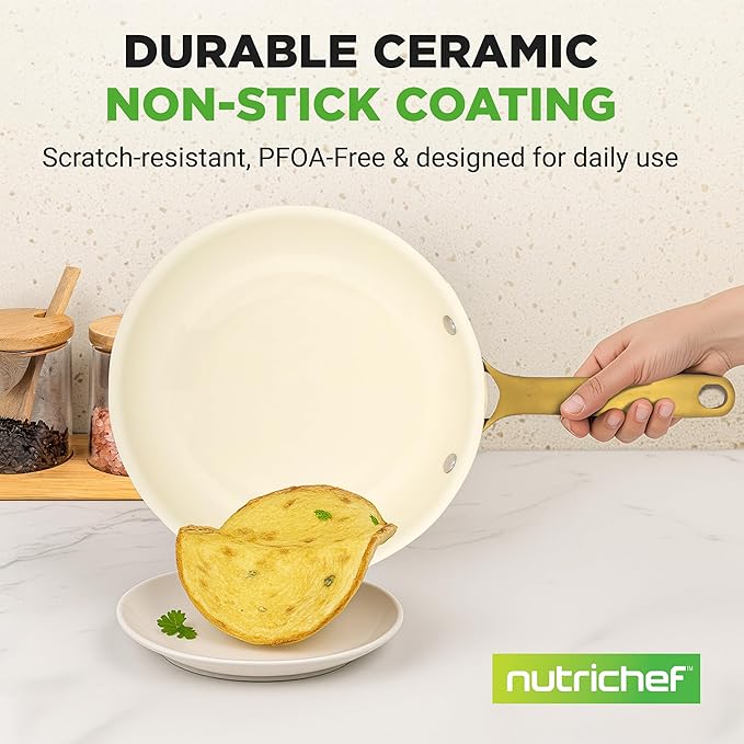 NutriChef 12-Inch Professional Ceramic Frying Pan - Large Skillet with Golden Titanium Handle, Non-Stick Ceramic Coating, Stain-Resistant, Easy to Clean, Ideal for Home Cooking