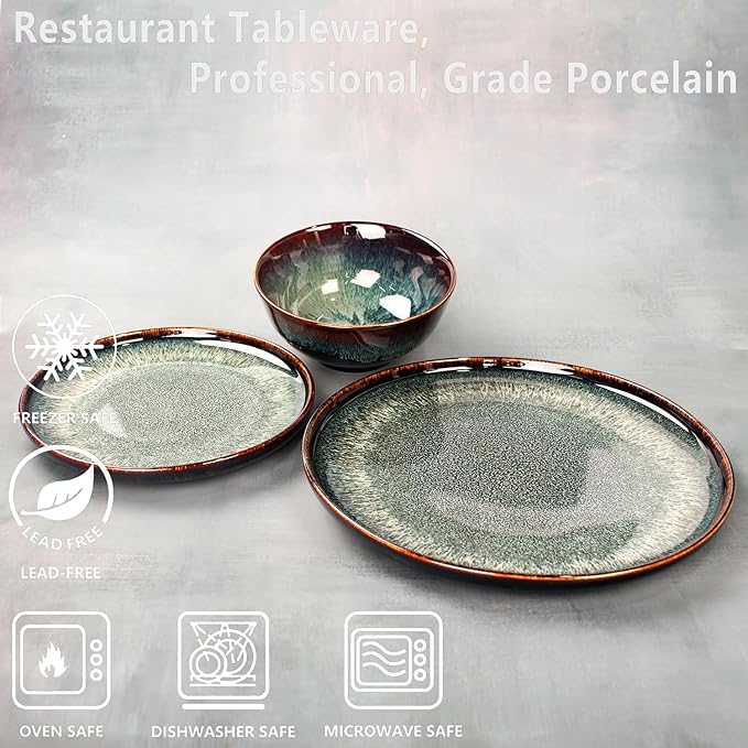Dinner Set 12 Pieces - Round Reactive Glaze Tableware - Kitchen Dinnerware Porcelain Crockery with Dinner Plate, Bowl and Soup Plate Service for 4, Microwave Dishwasher Safe, Set (No.1)