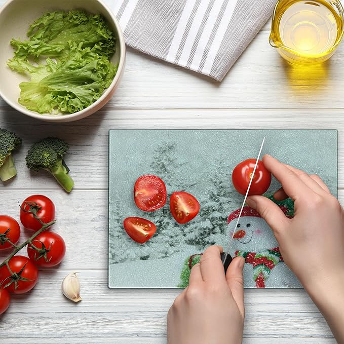 Ambesonne Christmas Cutting Board, Snowman in a Snowy Woodland Holiday Themed Arrangement Winter Season Print, Decorative Tempered Glass Cutting and Serving Board, Small Size, White and Red