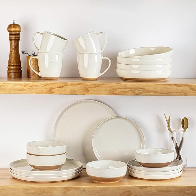 AmorArc Ceramic Dinnerware Sets for 8, 24 Pieces Handpainted Plates and Bowls Set with Rustic Terracotta Underside, Scratch Resistant Stoneware Dishes Set, Dishwasher & Microwave Safe, Light Beige