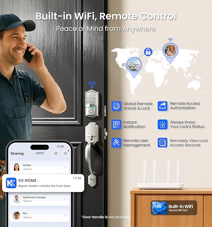 Veise VE027 Built-in Wi-Fi Smart Lock, Fingerprint Keyless Entry Front Door Lock, App Remote Control, No Hub Needed, Keypad Deadbolt, IP65 Waterproof, Auto Lock, BHMA Grade 3, Satin Nickel