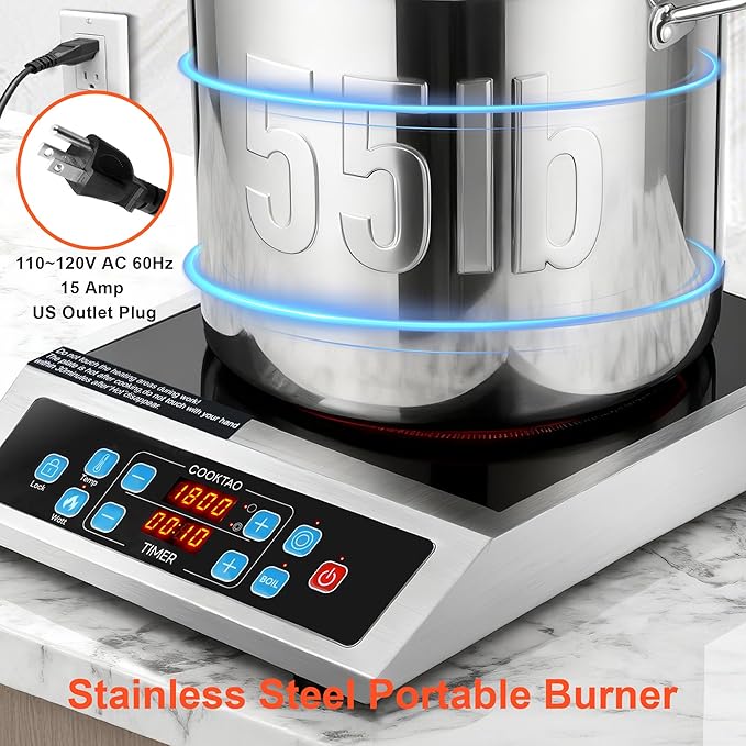 Dual Coils Design of Stainless Steel Single Burner Electric Cooktop, 1800W Commercial Ceramic Infrared Cooking Hot Plate, 12 inch Portable Countertop Radiant Stove Top Cooker with WATT n TEMP Control