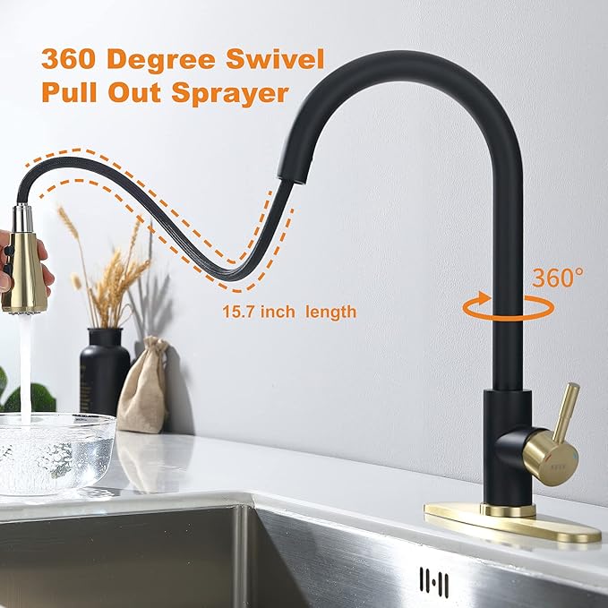 Keer Matte Black Single Handle Pull Down Kitchen Faucet with Soap Dispenser, 3 Modes Sprayer, Easy Assembly, Single Handle High Arc Stainless Steel Faucet