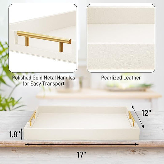 17" x 12" Wood Serving Tray with Gold Polished Metal Handles, Home Decorative Wooden Rectangle Ottoman Leather Decor Platter Bathroom Vanity Tray for All Occasions White