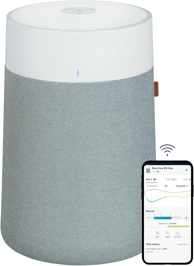 BLUEAIR Air Purifiers for Medium Rooms, Bedroom, Kitchen, Cleans 1,858 sqft in one hour, HEPASilent Smart Air Cleaner for Home, Pets, Allergies, Virus, Dust, Mold, Smoke - Blue Pure 311i Max