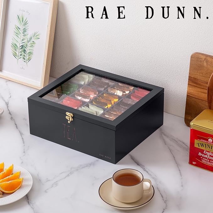 Rae Dunn Tea Bag Organizer - Tea Box Divided Storage Container Box with Hinge Lid for Kitchen Cabinet, Countertop, Pantry, Hold Coffee Pods, Seasoning Packets, Condiments, Black