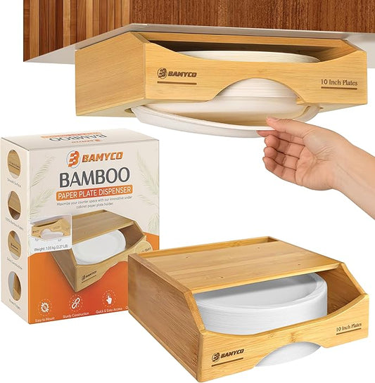 Bamboo Paper Plate Dispenser Under Cabinet for 10 Inch Paper Plates - Plate Organizer for Cabinet – Storage Paper Plate Holders for Kitchen organizer and Plastic Dinner Plates Disposable