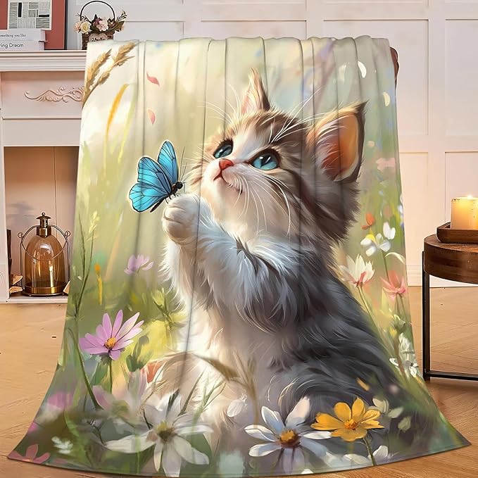 Cat Blanket Gifts for Girls Boys Blue Butterfly Throw Blankets Cozy Plush Cute Flower Fleece Lightweight Flannel Fuzzy 60"X50"