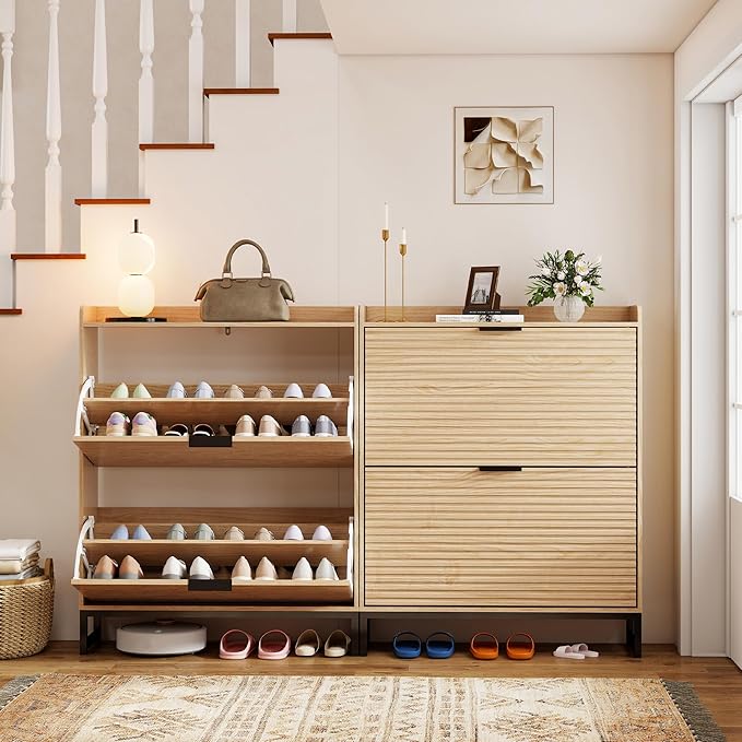 Shoe Cabinet Storage with 2 Flip Drawers for Entryway, Oak Wooden Slim Shoe Organizer with Adjustable Shelf, Freestanding Hidden Narrow Shoe Rack Cabinet for Hallway
